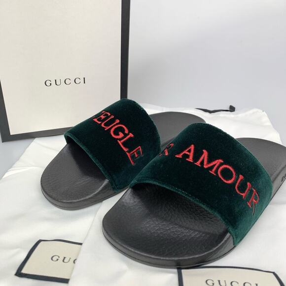 NIB Gucci Pursuit Embroidered Velvet Pool Slide Sandal, Black In Green Size 37 - Picture 14 of 14